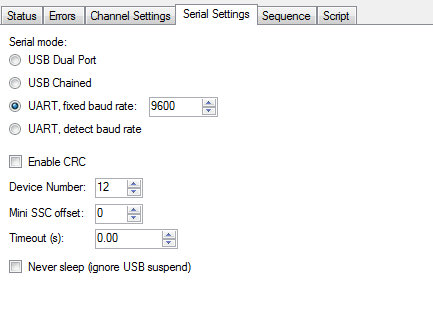On the 'Serial Settings' tab, ensure 'UART, fixed baud rate: 9600' is selected, 
