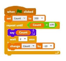 Code counting backwards using repeat until