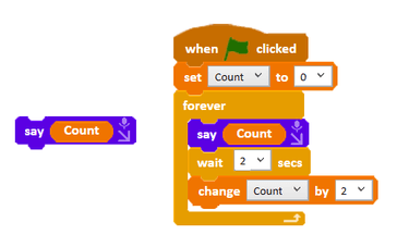 Code showing Ohbot saying the value of the Count variable