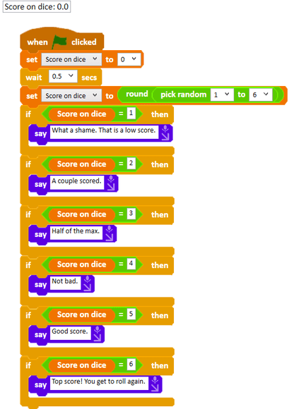 Code responding to each possible dice score