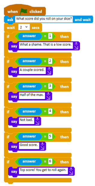 Code randomly generating a dice score