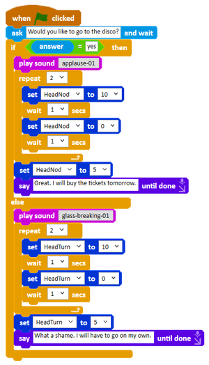 Code adding sound and motion to an if-then-else response