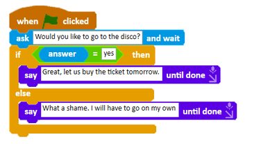 Code using if-then-else to respond to a yes or no answer