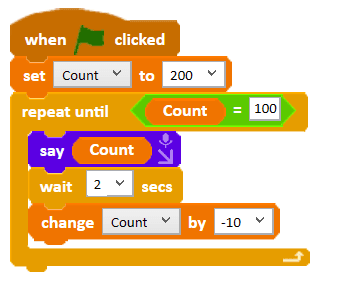Code showing Ohbot counting backwards using repeat until