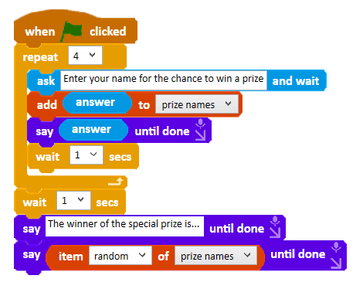 Code adding names to a list and picking one at random