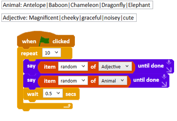 Code generating a two word poem from two lists