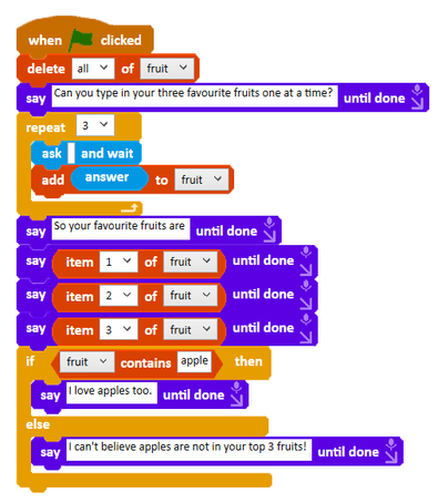 Favourite fruit code using contains inside an if command