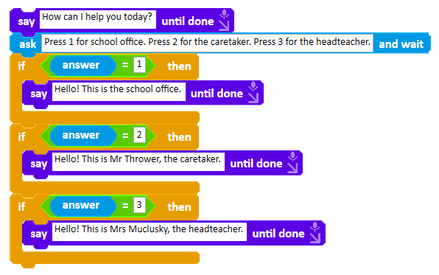 Receptionist code offering the caller a list of options