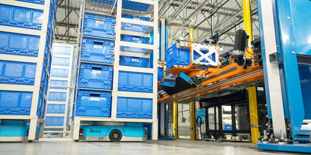 Amazon robotics equipment inside a fulfilment centre.